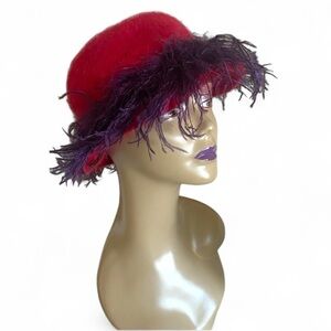Angora Rabbit Hair Red Hat with Purple Ostrich Plume NWT Pop Of Red Bollywood